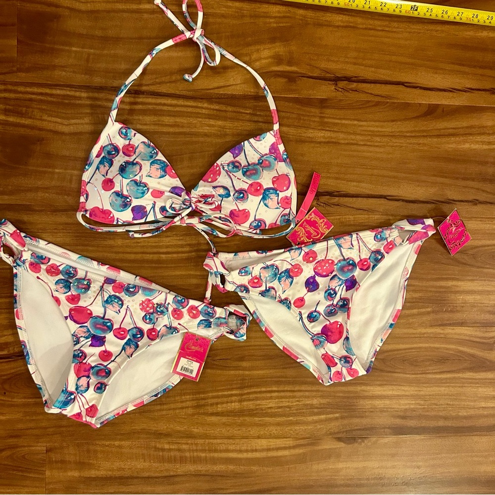 NWT 3 Piece Set M&L Includes top and two bottoms Candie's Cherry Sequin Bikini